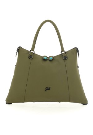 Borsa color verde oliva con design strutturato, materiale sintetico liscio, accessori neri e due distinti accenti turchesi sulla chiusura.