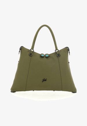 Borsa color verde oliva con design strutturato, materiale sintetico liscio, accessori neri e due distinti accenti turchesi sulla chiusura.