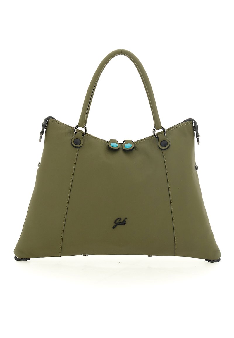 Borsa color verde oliva con design strutturato, materiale sintetico liscio, accessori neri e due distinti accenti turchesi sulla chiusura.