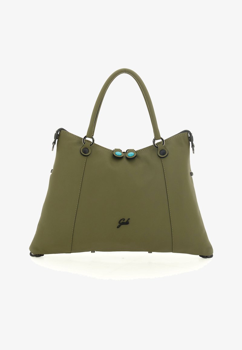 Borsa color verde oliva con design strutturato, materiale sintetico liscio, accessori neri e due distinti accenti turchesi sulla chiusura.