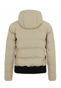 Beige Daunenjacke mit Kapuze, ausgestattet mit einem gesteppten Design, einem gerippten schwarzen Stricksaum und glatter Oberfläche. Die Rückansicht zeigt die Schulternähte.