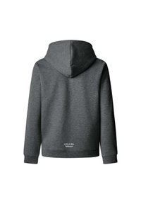Sudadera gris de tejido suave, con una gran capucha, mangas largas, puños acanalados y un logo cerca del dobladillo en la parte posterior.