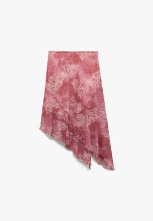 Asymmetrical midi skirt in sheer pink fabric, featuring floral and geometric patterns, layered ruffle hem, and lightweight texture.