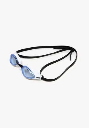 Goggles with blue-tinted lenses and a white silicone frame. Features a textured grip and adjustable black strap for secure fit.