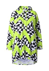 Abito felpa a maniche lunghe con motivo a scacchi attorcigliato in verde neon, bianco e nero, e coulisse frontale.
