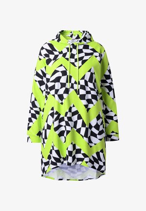 Long-sleeve hoodie dress with neon green and black-and-white twisted checkered pattern and front drawstrings.