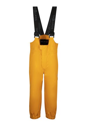 Yellow waterproof overalls with adjustable black suspenders, a front button closure, elastic cuffs, and a smooth texture.