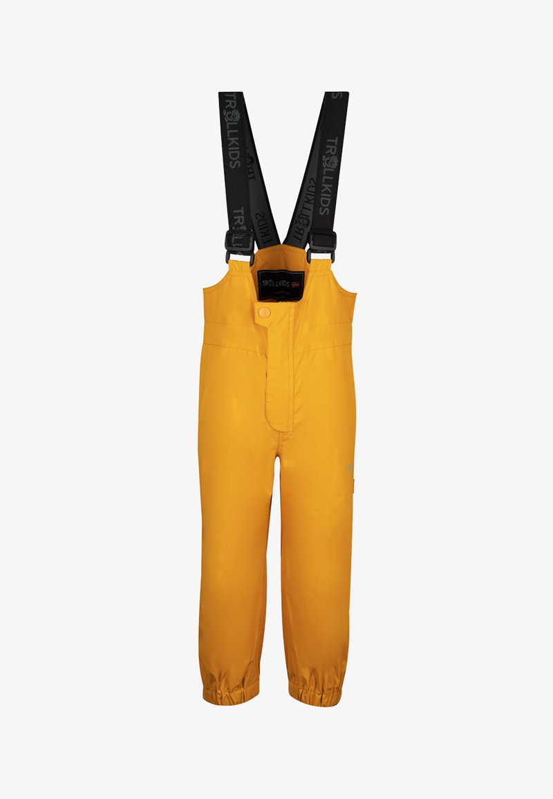 Yellow waterproof overalls with adjustable black suspenders, a front button closure, elastic cuffs, and a smooth texture.