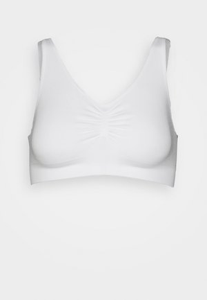 Biely bralet s véčkovým výstrihom, textúrovaným stredným švom a širokými ramienkami. Vyrobený z jemnej látky s hladkým povrchom a bez kovových komponentov.