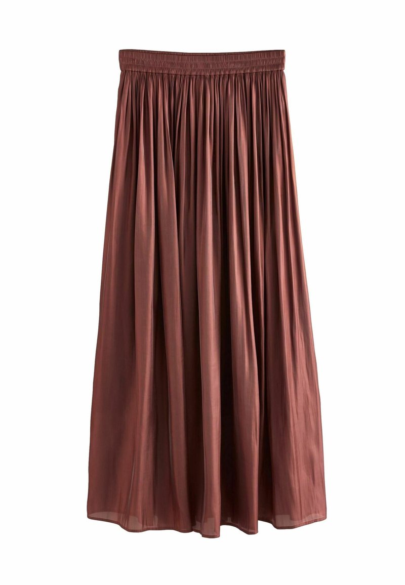 Jupe midi plissée marron avec taille élastique et tissu léger et fluide.