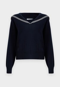 Pull en laine bleu marine avec un col de marin comportant deux rayures blanches. Il a des manches longues et un ourlet côtelé.