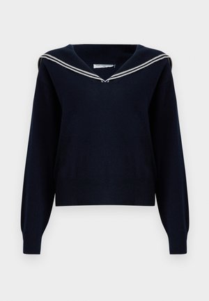 Maglione in lana blu navy con colletto stile marinaio caratterizzato da due righe bianche. Ha maniche lunghe e orlo a costine.