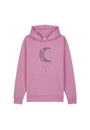 Sweat à capuche rose avec une poche avant présentant un croissant de lune noir et un design céleste suspendu.