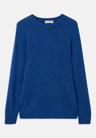 Blue crew-neck sweater made of soft, textured knit fabric. Features long sleeves and ribbed hem. Clean design with no visible patterns or accents.