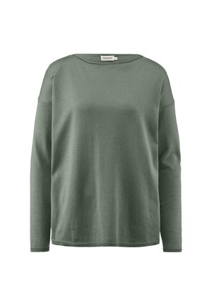 Vihreä pitkähihainen collegepaita pehmeästä materiaalista, jossa on leveä venepääntie, roikkuvat olkapäät sekä ribbaus hihansuissa ja helmoissa.