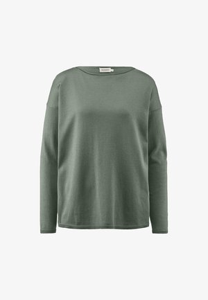 Vihreä pitkähihainen collegepaita pehmeästä materiaalista, jossa on leveä venepääntie, roikkuvat olkapäät sekä ribbaus hihansuissa ja helmoissa.