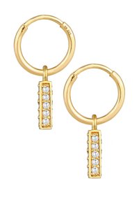 Zlatne naušnice u obliku kružnog obruča s pravokutnim privjeskom koji sadrži pet prozirnih dragulja, teksturiranim detaljima i sjajnom završnom obradom.