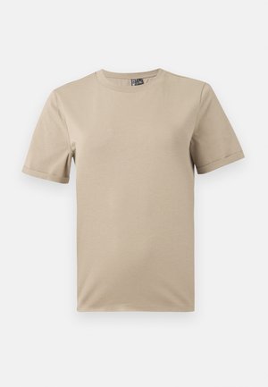 Beige short-sleeve t-shirt made from soft fabric. Features a round neck and a simple design without patterns or accents.