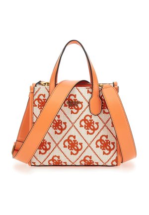 Structured beige and orange handbag with repeating logo pattern, orange leather handles, and a wide adjustable shoulder strap.