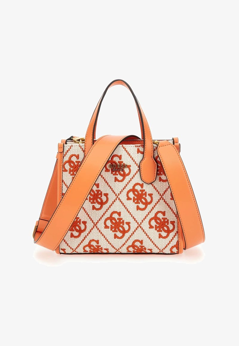Sac à main structuré beige et orange avec motif logo répétitif, poignées en cuir orange et large bandoulière ajustable.