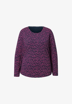 La camicia a maniche lunghe presenta una base blu navy con un motivo di pesci rosa. Collo rotondo, vestibilità comoda e trama del tessuto morbida per il massimo comfort.