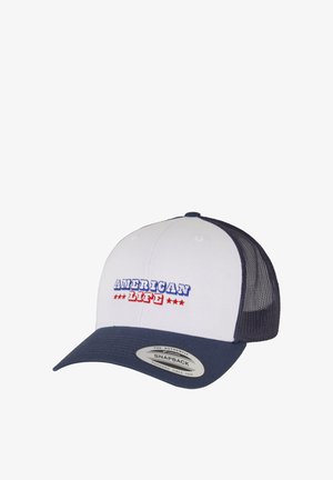 Valge ja tumesinine snapback müts, millel on punase ja sinise tikandiga "AMERICAN LIFE", hingav võrkmaterjal taga ning lame visor.