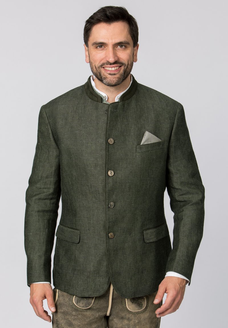 Green textured linen blazer with a mandarin collar, button front, and two pockets; features a striped pocket square for detail.
