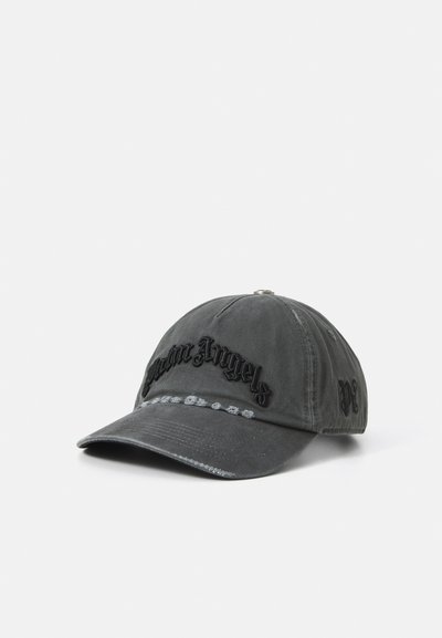 Gray cotton baseball cap with stitched black "Palm Angels" logo on the front, curved brim, and adjustable strap at the back.
