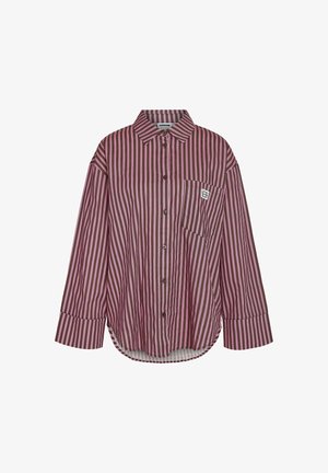 Triibuline pika varrukaga särk tumepunases ja roosas toonis, millel on nööbitav eesmine osa, klassikaline krae ja tasku logomärgiga.