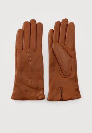 Par de guantes de cuero marrón exhibidos sobre un fondo blanco, con costuras cosidas y un panel decorativo en el pulgar.