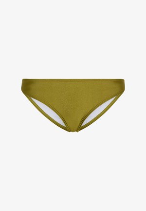 Parte inferior de bikini verde con un brillo metálico. Presenta tiro bajo, cobertura moderada y un forro interior blanco. Textura suave.