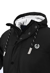 Black waterproof jacket with a soft white fleece lining, adjustable hood with striped drawstrings, and anchor logo detail on the chest.
