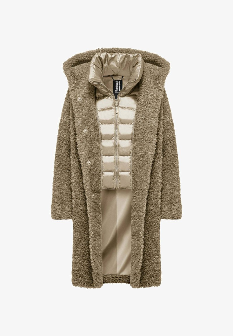 Brown fleece coat with a soft texture, featuring a padded inner layer in a lighter beige, zip closure, and a hood.