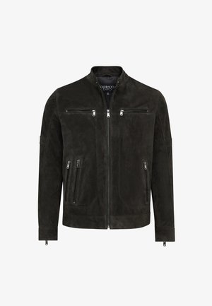 Black suede jacket featuring a stand-up collar, zippered front, and four zippered pockets with silver hardware accents. Smooth texture.