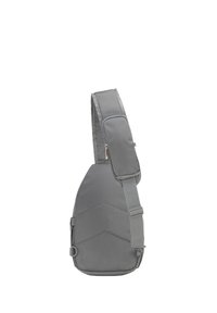 Szara torba na ramię o teksturowanym wykończeniu, profilowanym kształcie, regulowanym pasku oraz małej kieszeni na zamek błyskawiczny na pasku. Wzór jodełki na boku.