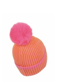Orange and pink ribbed knit beanie with a large fluffy pink pom-pom on top, designed for cold weather.