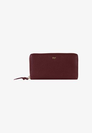 Portafoglio in pelle bordeaux con finitura texturizzata, accentuato da un logo dorato e chiusura a zip attorno. Presenta un pompon sul tirazip.