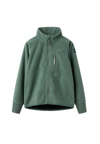 Groene fleecetrui met een hoge kraag, een volledige rits aan de voorkant en een borstzak. Voorzien van raglanmouwen en ribgebreide manchetten.