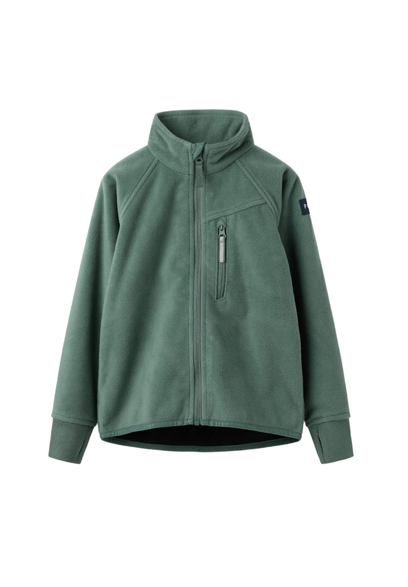 Groene fleecetrui met een hoge kraag, een volledige rits aan de voorkant en een borstzak. Voorzien van raglanmouwen en ribgebreide manchetten.