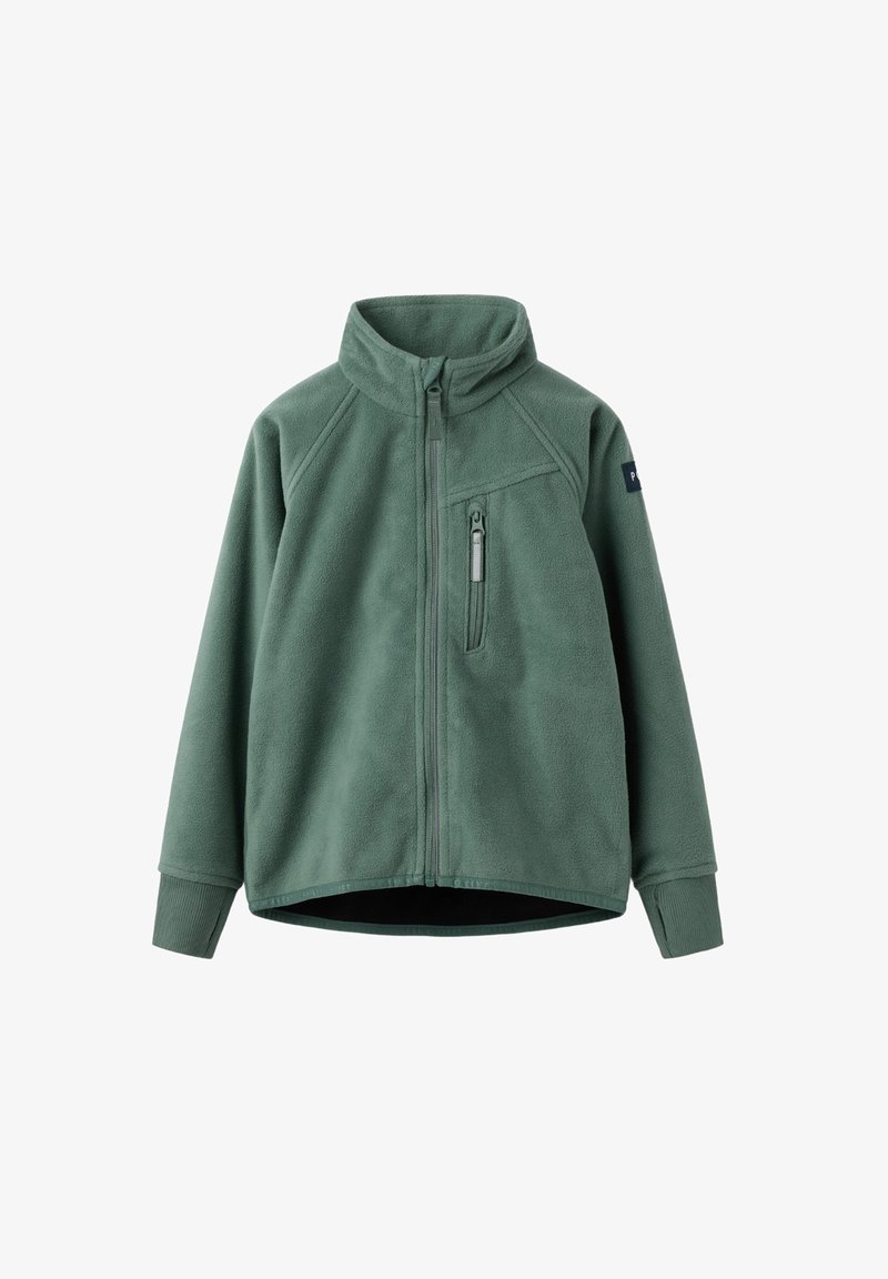 Groene fleecetrui met een hoge kraag, een volledige rits aan de voorkant en een borstzak. Voorzien van raglanmouwen en ribgebreide manchetten.