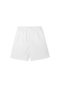 Pantalones cortos de algodón blancos con cinturilla elástica, que presentan un diseño simple y una textura suave. No hay patrones ni acentos adicionales visibles.