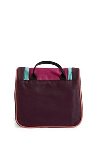 Borsa pranzo in tessuto viola con parte superiore rosa, manico nero e cerniere turchesi. Presenta una forma rettangolare con rifiniture a contrasto.