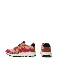 Colorful athletic shoe in shades of pink, brown, and orange. Features leopard print, textured materials, and a speckled white sole.
