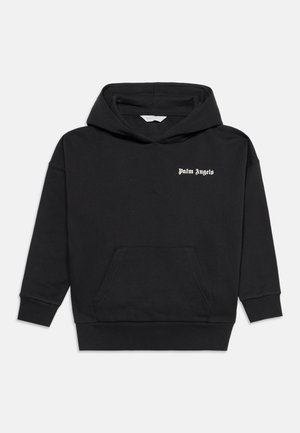 Sweat à capuche noir avec poche avant et texte blanc "Palm Angels" sur la poitrine gauche, présenté à plat sur un fond clair.