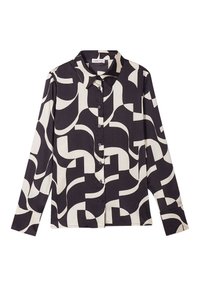 Skjorte med knapper i sort og creme med abstrakte geometriske mønstre. Har lange ærmer, krave og sorte knapper. Glat stoftekstur.