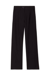 Pantalons larges noirs en tissu lisse. Dotés d'une fermeture à bouton à l'avant, de deux poches latérales et d'un design épuré et minimaliste.