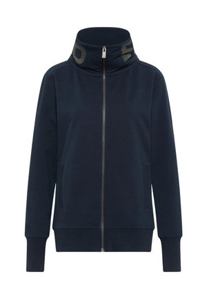 Navyblauer Zip-Hoodie mit hohem Kragen, seitlichen Taschen, gerippten Bündchen und Saum sowie strukturiertem Logodetail am Kragen.