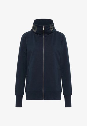 Zip-up sweatshirt in navy blue, featuring a high collar, side pockets, ribbed cuffs and hem, with textured logo detail on the collar.