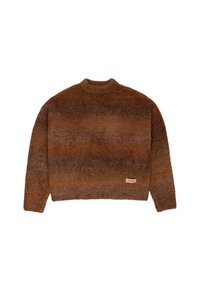 Brauner, fuzzy Strickpullover mit subtiler Farbverlaufsschattierung und einem kleinen rechteckigen Etikett nahe dem unteren Saum auf einem weißen Hintergrund.