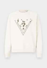 Kremfarget sweatshirt med rund hals og raglanermer. Inkluderer en stor, trekantet grafikk i mørkegrå med slitte bokstaver og detaljer.